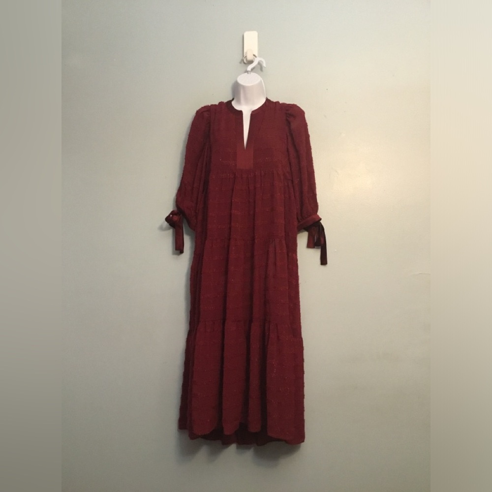 English Factory Burgundy Maxi Dress with Tie Sleeves - Picture 12 of 13